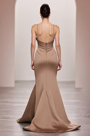 Coffee Satin Mermaid Spaghetti Straps Long Formal Dress